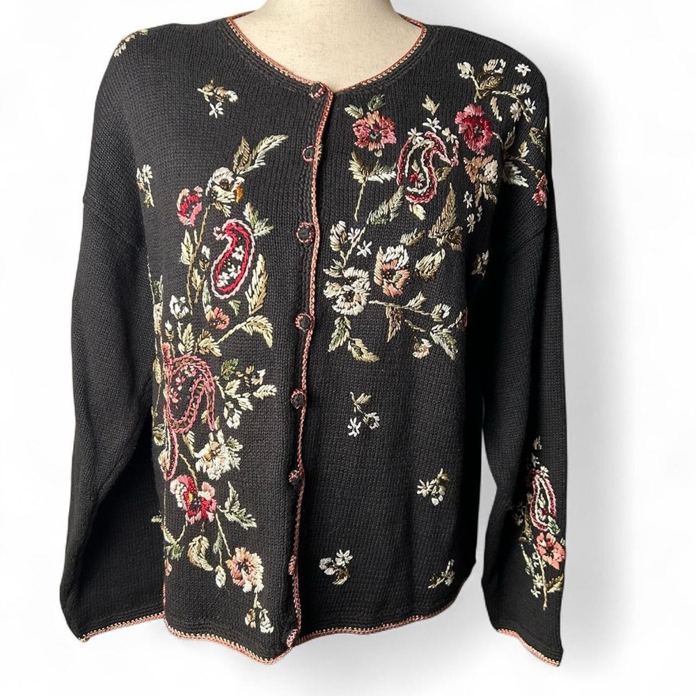 Vintage Whimsigoth Black Floral Embroidered Women's Cardigan Sweater